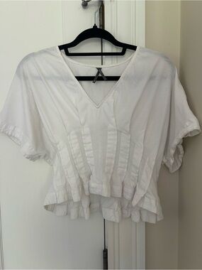 Anthropologie White V-Neck Short Sleeve Peplum Top